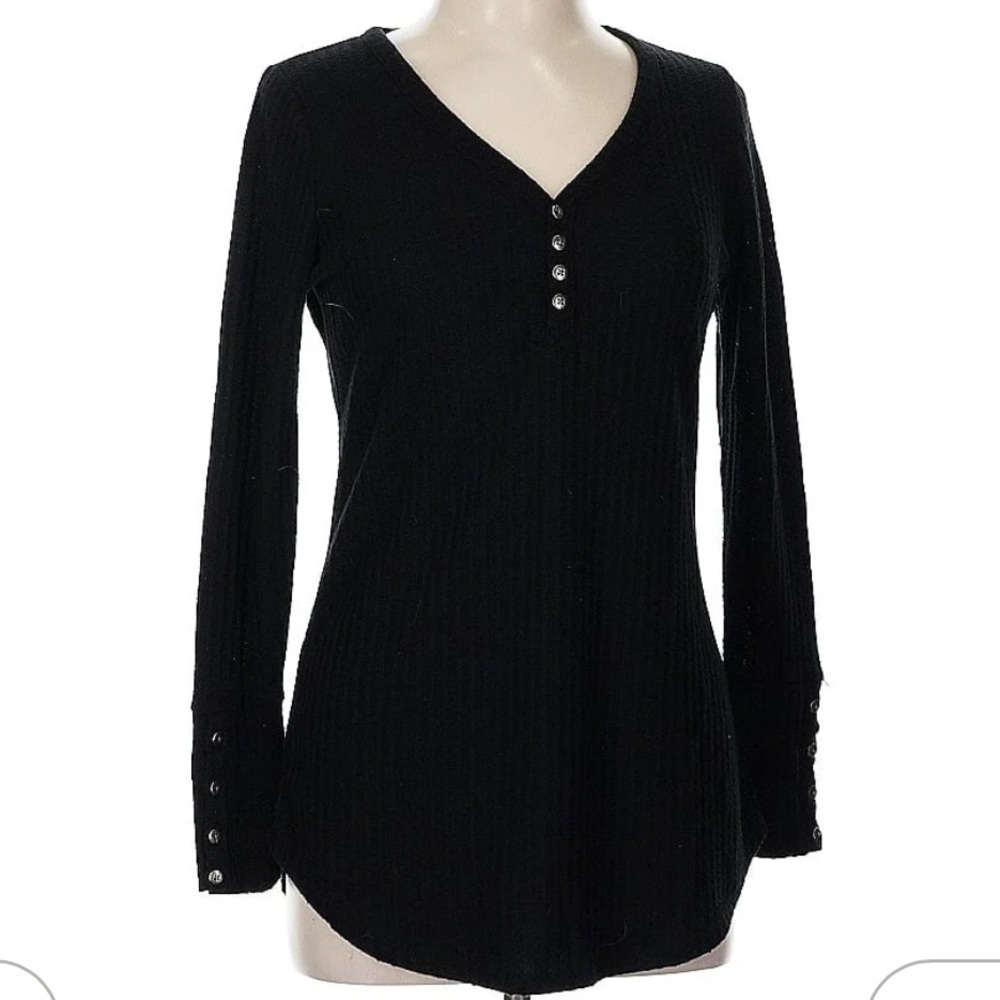 Chaser Black Long Sleeve Henley Ribbed Button Cuffs Medium